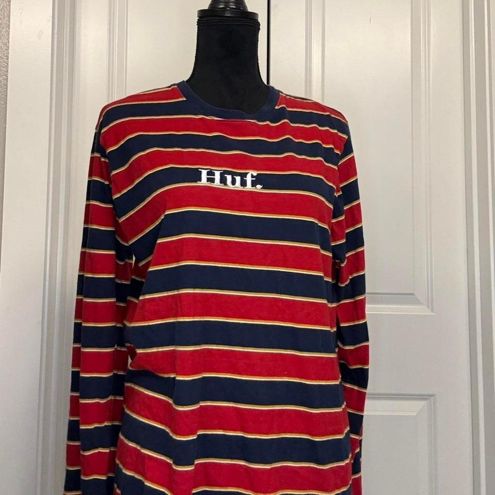 HUF Striped Long Sleeve Tee – Navy/Red/Yellow – Size L